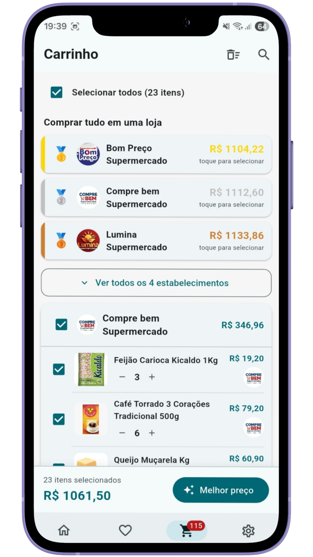 Tela do carrinho de compras do OndeComprar